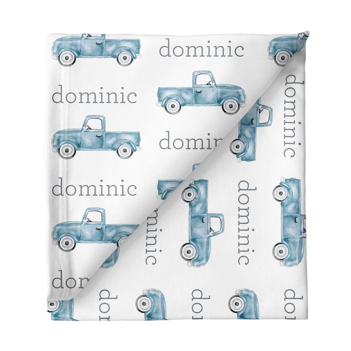 Sugar + Maple Personalized Grey Sugar + Maple Small Stretchy Blanket - Truck Blue