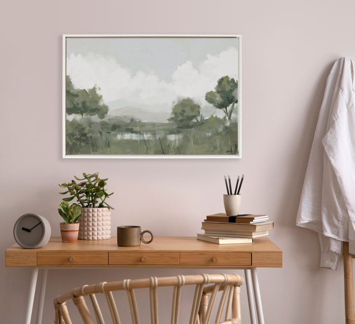 Shades of Olive landscape canvas print by Mary Sparrow, styled above a desk or table