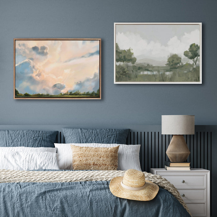 Shades of Olive landscape canvas print by Mary Sparrow, shown in a coordinated gallery-wall arrangement