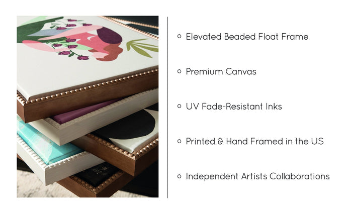 Supplier construction illustration showing a canvas print, float frame and printing details