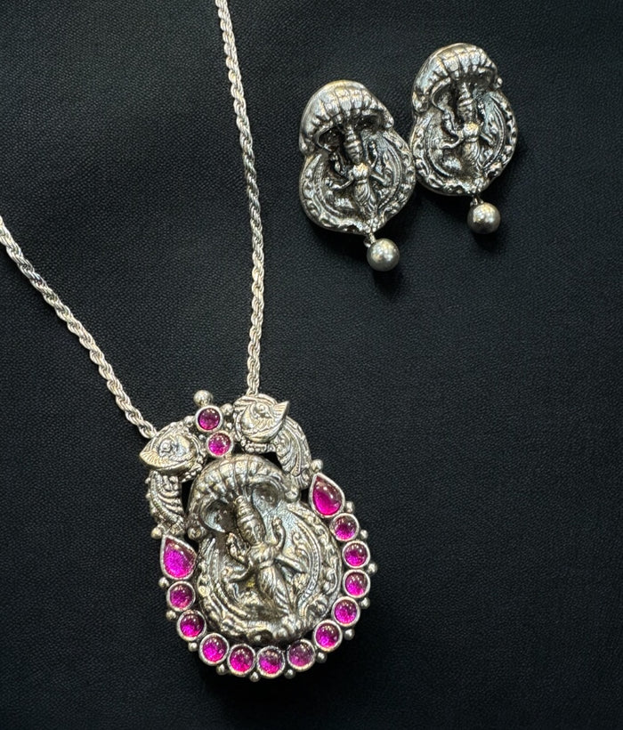 The Adishesha Lakshmi Silver Pendant & Plain Earrings