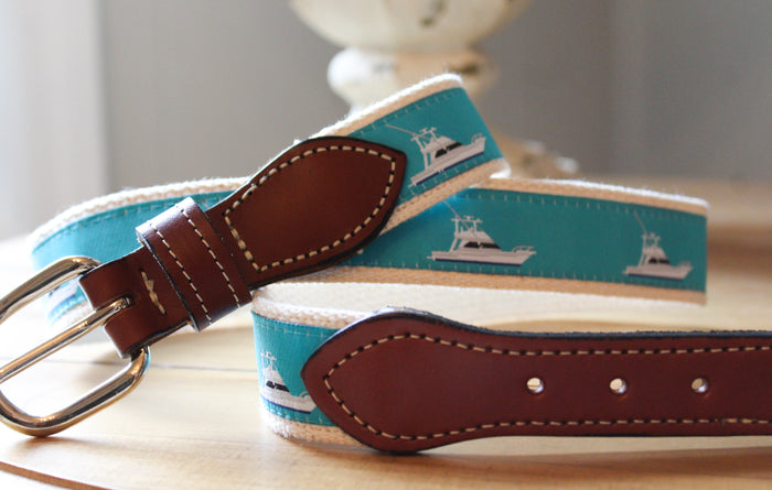 Blue background with white boat Ribbon Webbed Leather Belts
