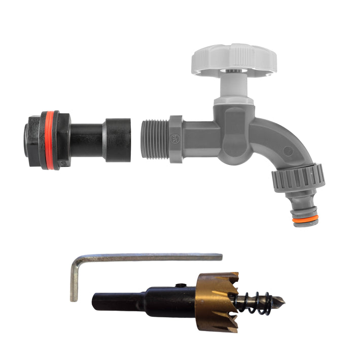 Water Butt Extension Kit 3/4in with Grey Dial Tap and Drill Bit Garden Hose Pipe