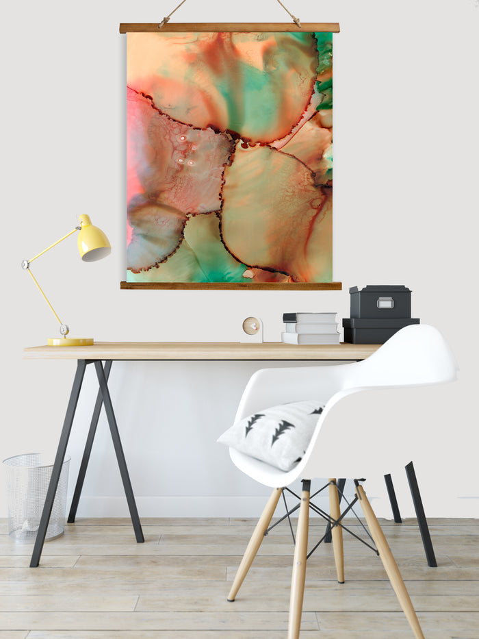 Whimsical Wood Slat Tapestry 'Abstract Kiss' — close-up