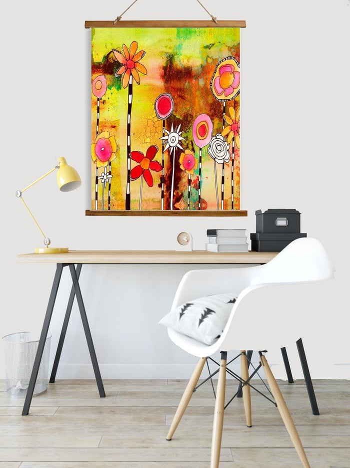Whimsical Wood Slat Tapestry 'Garden Party' — alternate angle