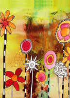 Whimsical Wood Slat Tapestry 'Garden Party' — close-up