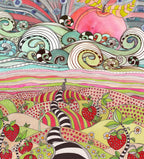 Whimsical Wood Slat Tapestry 'Pink Sun Rising' — close-up