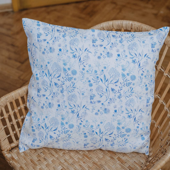 White Botanical Blue Linen Cushion Cover - Linen Tales