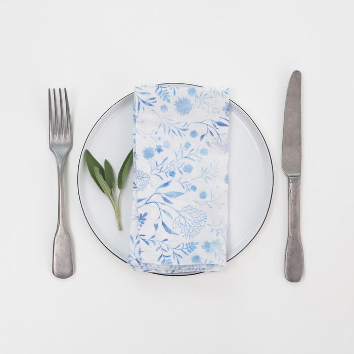 White Botanical Blue Linen Napkins Set of 2 - Linen Tales