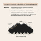 A black scalloped scalp comb, Wildling X Arey by Arey, is displayed with rounded, U-shaped, and flat edges. The text highlights its patented Bian Stone material—rich in antioxidants—and its benefits for relaxation, anti-aging, and overall well-being. Designed to soothe scalp discomfort—especially when used after a post-hair dye scalp serum—this comb also helps reduce redness for a healthier-looking scalp.