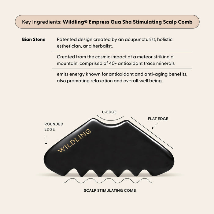 A black scalloped scalp comb, Wildling X Arey by Arey, is displayed with rounded, U-shaped, and flat edges. The text highlights its patented Bian Stone material—rich in antioxidants—and its benefits for relaxation, anti-aging, and overall well-being. Designed to soothe scalp discomfort—especially when used after a post-hair dye scalp serum—this comb also helps reduce redness for a healthier-looking scalp.
