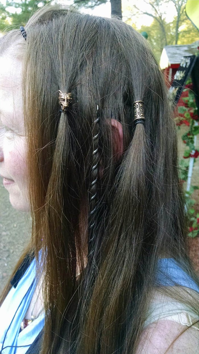 Model wearing Wolf's Head Hair Bead - Copper Viking Braid Dreadlock Jewelry